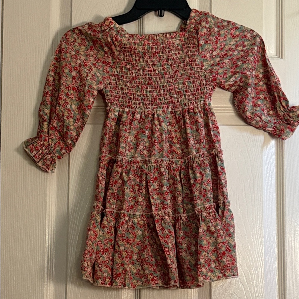 Floral Smocked Tiered Dress in Pink and Green
